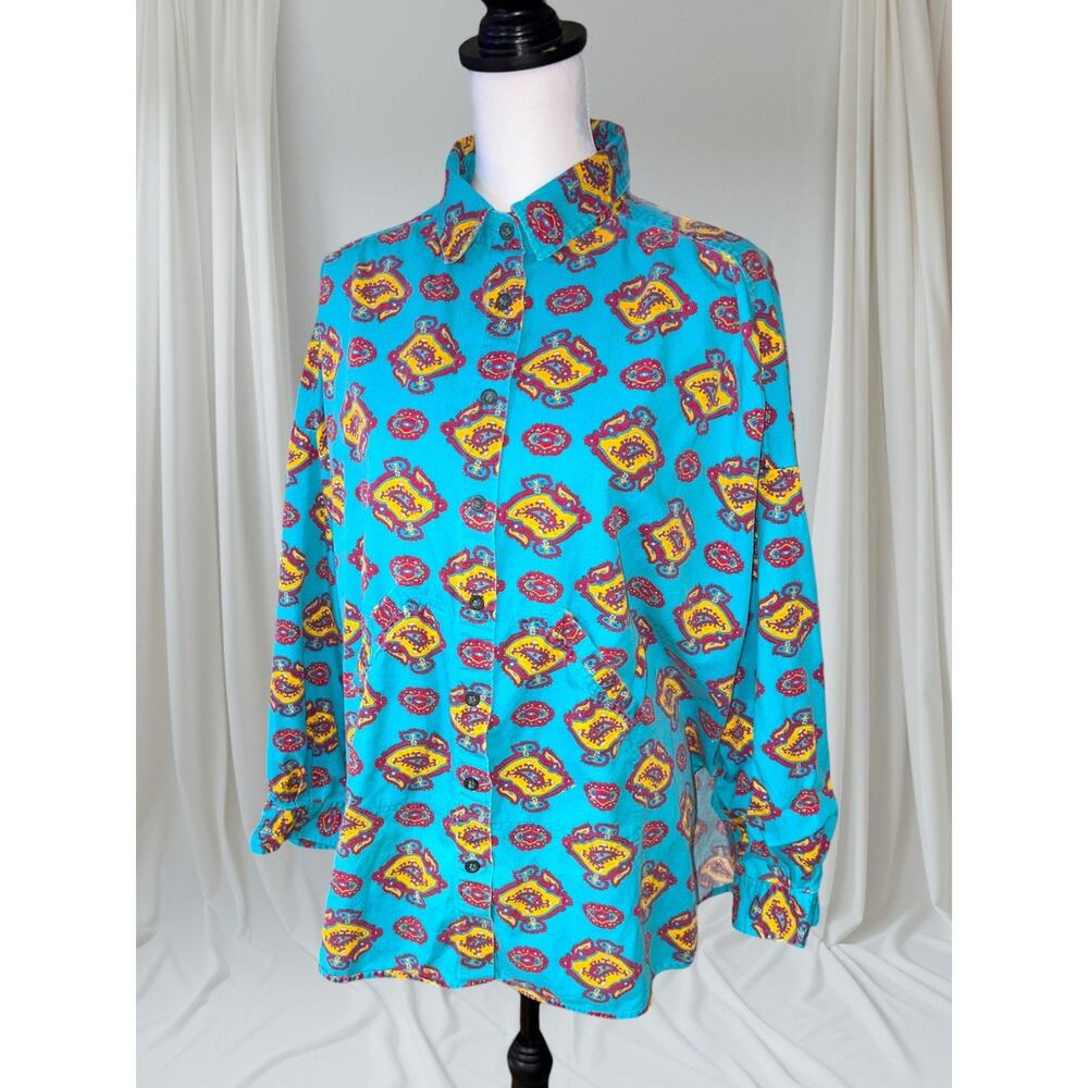 Vintage Venezia 1980s Turquoise Western Long Sleeve Cotton Shirt 22/24 Plus